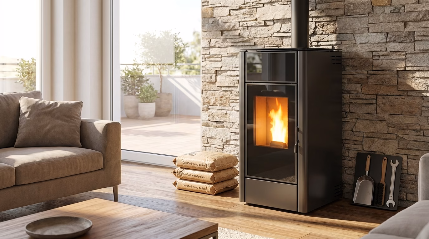 Stufa a pellet ad alta efficienza con fiamma visibile — normativa UE 2026 e ricambi certificati