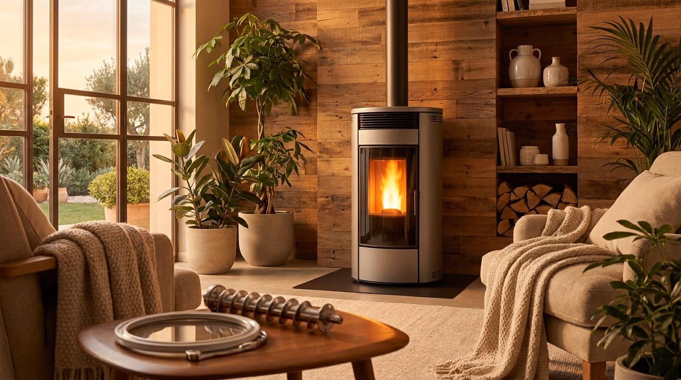 Ricambi Eco-Sostenibili per Stufe: Calore Green in Casa 1 Stufa a pellet moderna accesa in un salotto accogliente, simbolo di riscaldamento eco-sostenibile e comfort domestico.